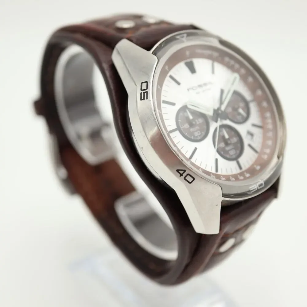 Fossil Coachman Mens Brown 45mm Watch Date Wood Grain Leather Cuff w New Battery